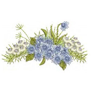 Blue flower embroidery design with spiky petals and green stitched leaves