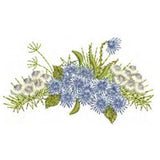 Blue flower embroidery design with spiky petals and green stitched leaves