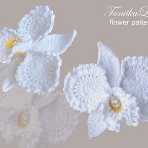 White orchid crochet flower pattern with pearl center and layered petals, set of two