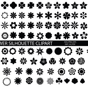 Flower silhouette clipart set with assorted black and white flower and bud icons