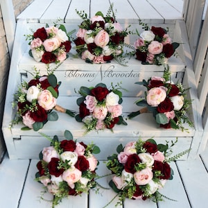 Boho wedding bouquet set with burgundy, blush pink, and ivory flowers plus greenery