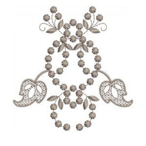 Floral cutwork embroidery motif applique with bead-like dots and curved side elements
