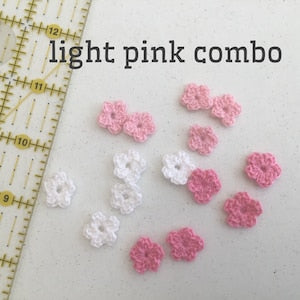Mini handmade crocheted flowers, assorted pink and white, set of 15