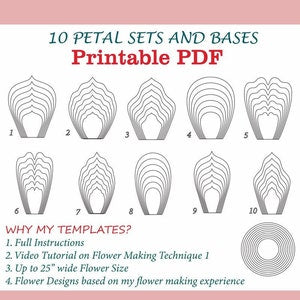 Printable PDF set of 10 large paper flower petal and base templates with outline shapes