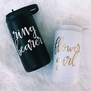 Personalized wedding tumblers: black 'ring bearer' and white 'flower girl' in script