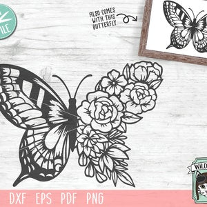Floral butterfly SVG cut file design, black outline butterfly with flower wings