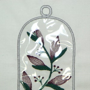 Glass bottle embroidery applique with hand-drawn flower and leafy branches