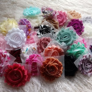 Assorted chiffon shabby chic flower trim with layered fabric blooms in mixed colors