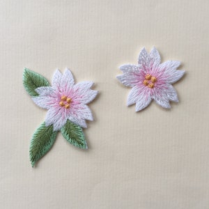 Set of 2 embroidered plum blossom flower patches, pink petals and green leaves