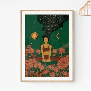 Yoga Meditation Girl printable wall art for interior decor. Zen, calm, relaxing Yoga illustration. Gift for friends, family, yoga lovers