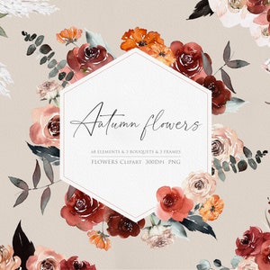 Watercolor floral arrangement clipart with autumn flowers and leaves on a hexagonal label
