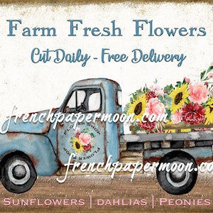 Vintage blue pickup truck with sunflowers and daisies, farmhouse flower sign graphic