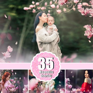 Spring floral tree branch photo overlay with pastel pink petals and '35' badge