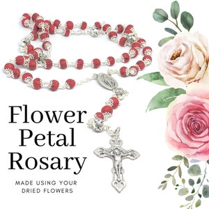 Flower petal rosary with red and white beads and silver crucifix