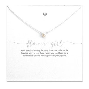 Flower girl necklace with heart pendant and small pearl, on thank-you card gift.