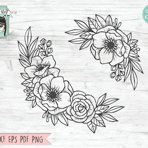 Floral SVG cut file sheet with black line-art roses and peonies on white