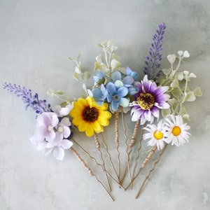 Pastel flower hair pins set with colorful blooms on gold-tone bobby pins
