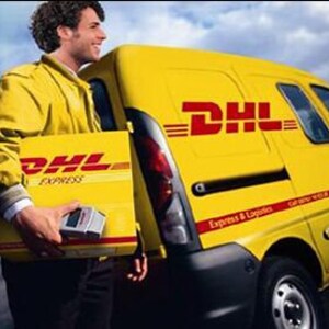 Delivery van and courier holding a package, DHL Express-style