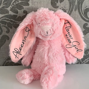 Pink plush bunny with embroidered name on long ears, soft stuffed toy