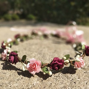 Floral flower crown headband with burgundy and blush pink roses and green leaves