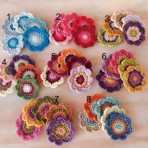 Cotton crochet flower set with large 6 cm flowers in blue, red, purple, orange, green