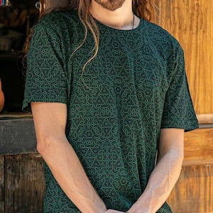 Men's dark green t-shirt with allover flower-of-life geometric pattern