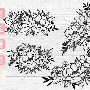 Black floral line drawing set with roses and leaves, decorative bundle design