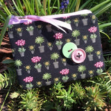 Handmade Pink Flower pot print fabric zipper coin purse / pouch / small floral make up bag Under 10 gift Free UK delivery  Gardeners gift