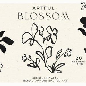 Abstract botanical line art print with dark floral stems and blossoms
