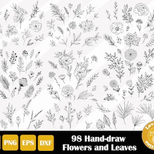 98 Hand Drawn Plants SVG, Flowers and Leaves PNG for Cricut Silhouette Files, Easy Cut, Instant Download