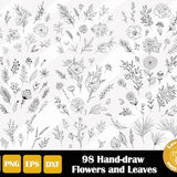 98 Hand Drawn Plants SVG, Flowers and Leaves PNG for Cricut Silhouette Files, Easy Cut, Instant Download