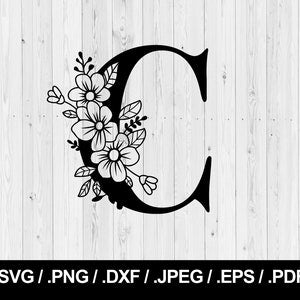 Floral letter C monogram in black with butterfly and flower outline design