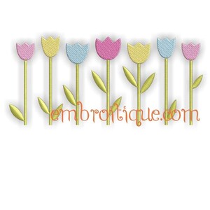 Row of tulips machine embroidery design with colorful flowers and stems