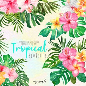 Tropical watercolor flower bouquets clipart with pink hibiscus, palm and monstera leaves