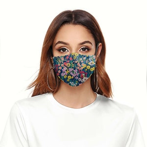 Colorful floral fabric face mask with filter, adjustable ear loops and nose cover