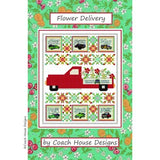 Flower Delivery quilt pattern PDF cover with red truck and floral blocks, by Coach House Designs