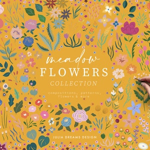 Floral digital clipart design with meadow flowers and leaf pattern, multicolor bouquet elements