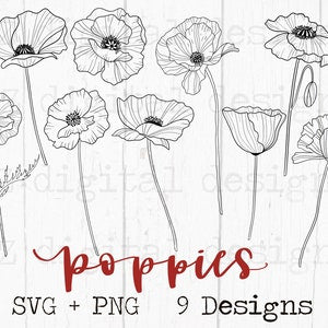 Poppy flower SVG bundle with 9 line-art poppy designs, black outline on white.
