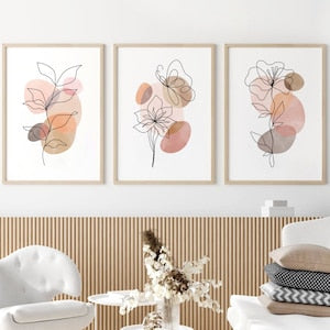 Set of 3 framed minimal floral line art prints in blush and beige neutral tones