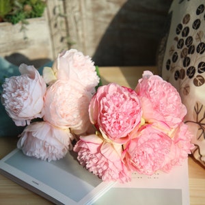 Silk peony single-stem flowers with pink and white ruffled petals