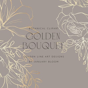 Golden line-art botanical bouquet with flowers, foliage, and "Golden Bouquet" title