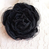 Black fabric rose flower brooch with layered petals, pin-back accessory