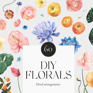 Watercolor floral clipart set with bright flowers, leaves, and orange accents, DIY card