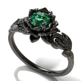 Leaf Engagement Ring, Lotus Ring, Emerald Engagement Ring Women Black, Lotus Flower Ring, Black Flower Ring
