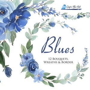 Watercolor floral wreath and border with blue and white flowers, leafy accents, circular layout