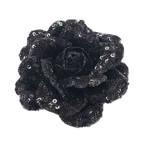 Black sequined fabric flower brooch pin with spiral rose center, pin-back