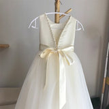 Ivory tulle flower girl dress, V back dress with pearls, Communion dress, Floor length