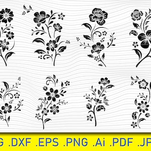 Floral ornamental corner line pattern with black leaves and flowers on a white field