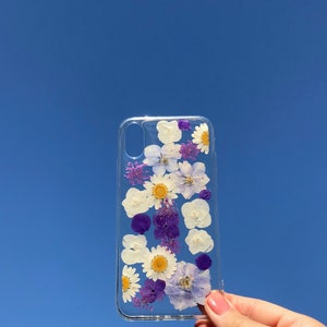 Clear iPhone case with pressed white and purple flowers, for X/XS, XR