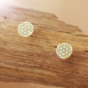 Small round stud earrings with Flower of Life geometric pattern, gold-tone finish